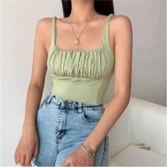 Green Ruched Cropped Camisole Top - Picture 1 of 7